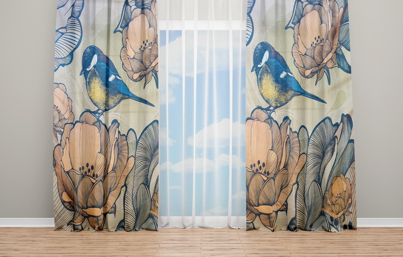 OYO Home SL FPR 14A New 240cm Blue Yellow Bird on Flower Curtains 280cm