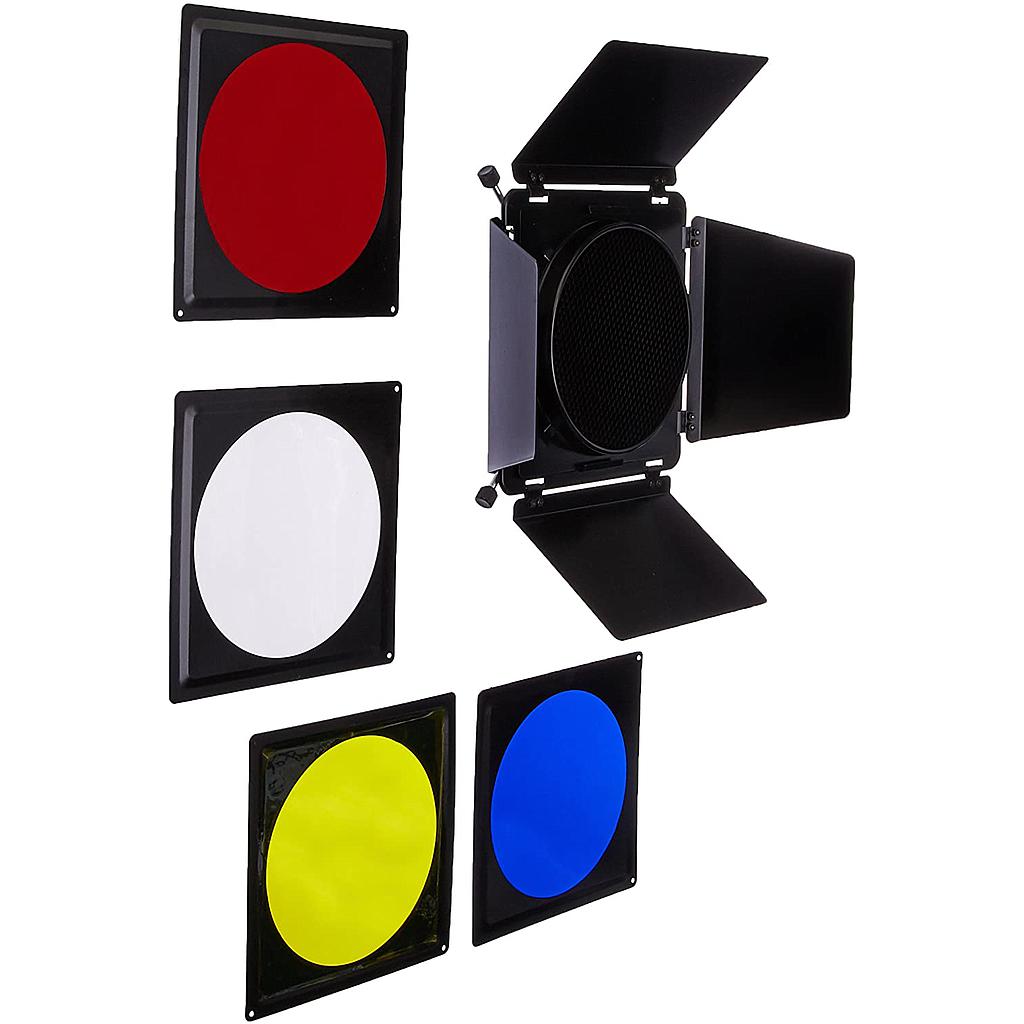 Universal Barndoor Kit with Honeycomb Grid 45 Degree 4 Color Gels
